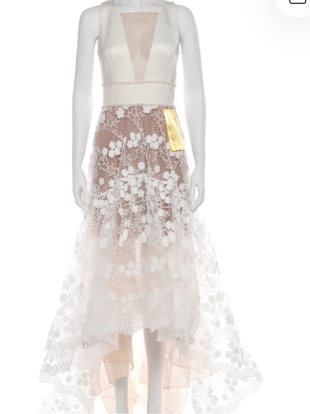 Bronx and Banco Ivory Floral Lace High-Low Skirt with Nude Underdress
